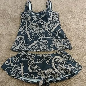 Lovely Black Tankini w/Brown Floral Swirls Popina